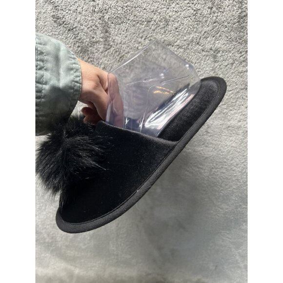 Victorias Secret Med Slippers Black Velour Pom Pom Slide Sandals 7 /8 Lingerie - Picture 4 of 8